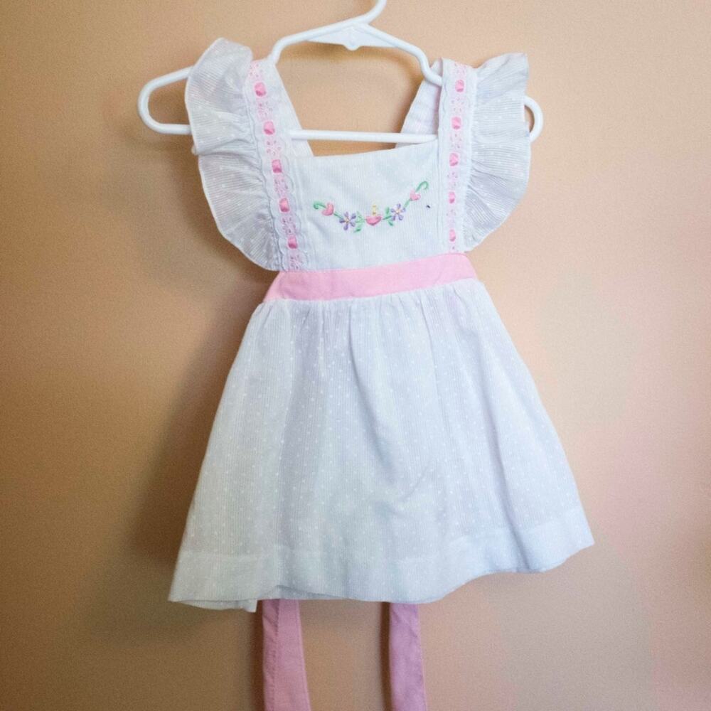 Tiny Tots Pinafore Dress | Vintage Swiss Dot Pink Lace Valentine's Dress